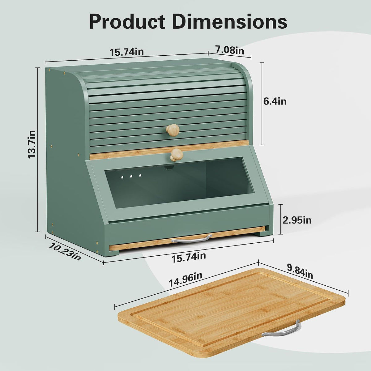 HOLTICO Roll Top Bamboo Bread Box with Cutting Board for Kitchen, Green | 2-Tier Large Wood Bread Bin for Kitchen