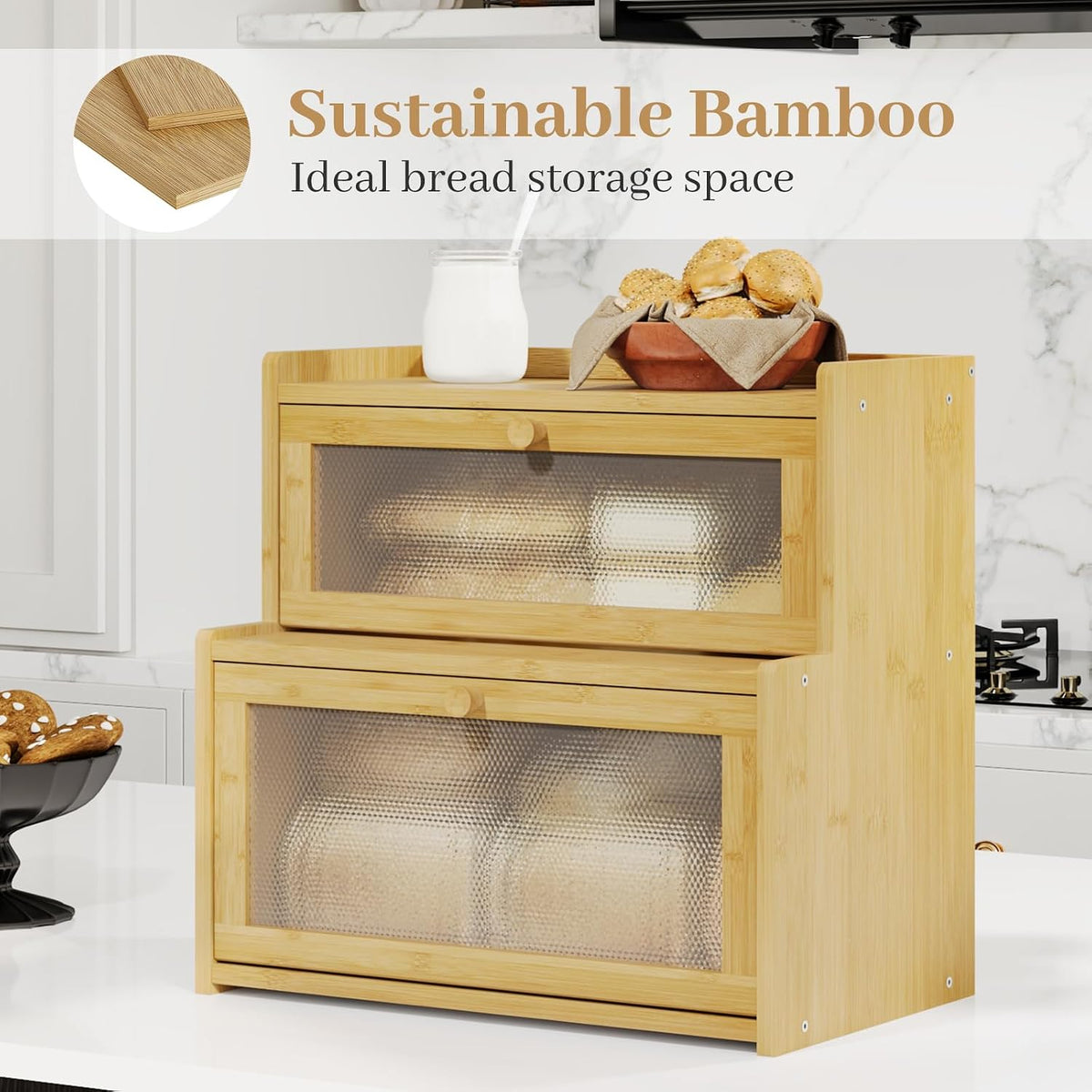 Bread Box for Kitchen Countertop, Large Bamboo Bread Storage Container with Double Layer, Bread Holder for Homemade