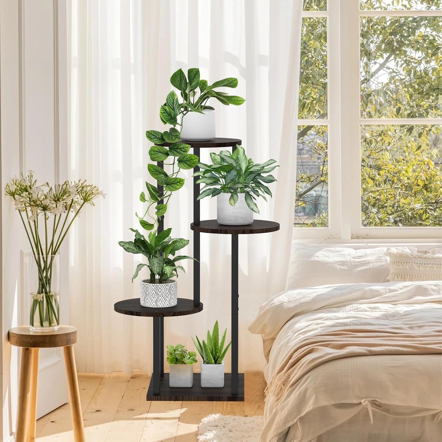 4 Tier Plant Stand Indoor, Metal Wooden Tall Plant Shelf Flower Pot Stand for Multiple Plants, Corner Flower Holder