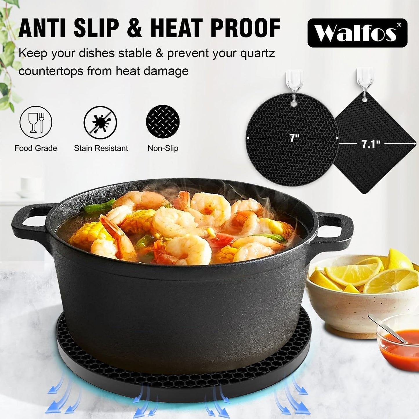 Walfos XXL Silicone Trivet 16" and Large 12" and Round & Square 7", Trivets for Hot Pots and Pans, Heat Resistant Pot