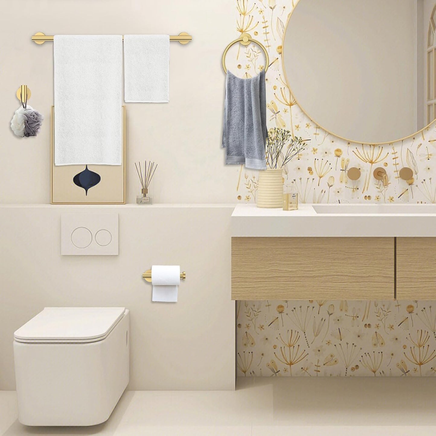 Brushed Gold Towel Bar Set 10 Pieces Round Bathroom Hardware Set Includes 23.6in Towel Bar Towel Ring Toilet Paper