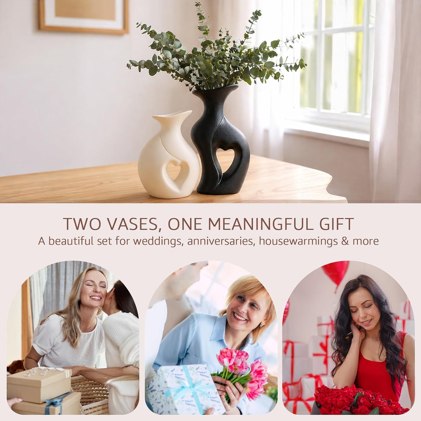 Ceramic Vase Hollowed Heart Flower Vase Set for Modern Nordic Boho Home Decor / Black&white