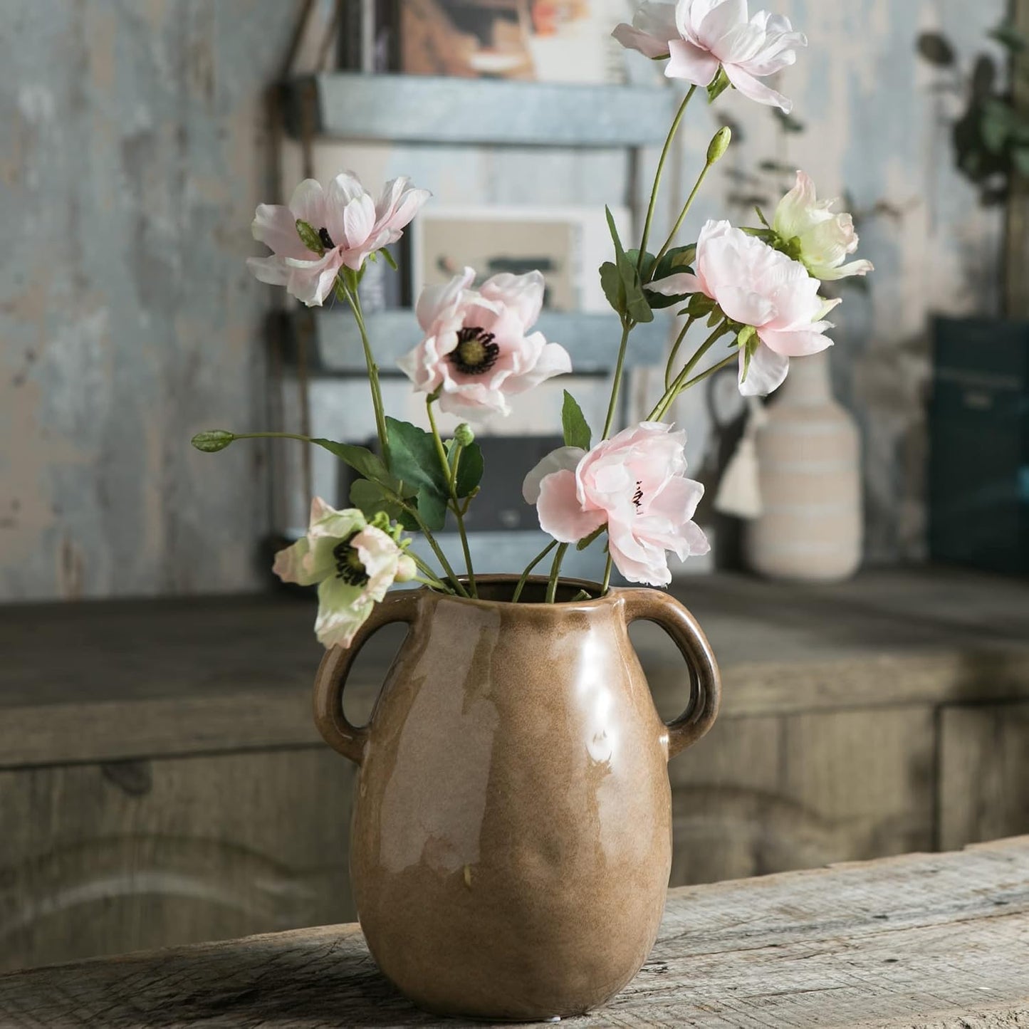 Brown Ceramic Vase / Double Handle - Brown