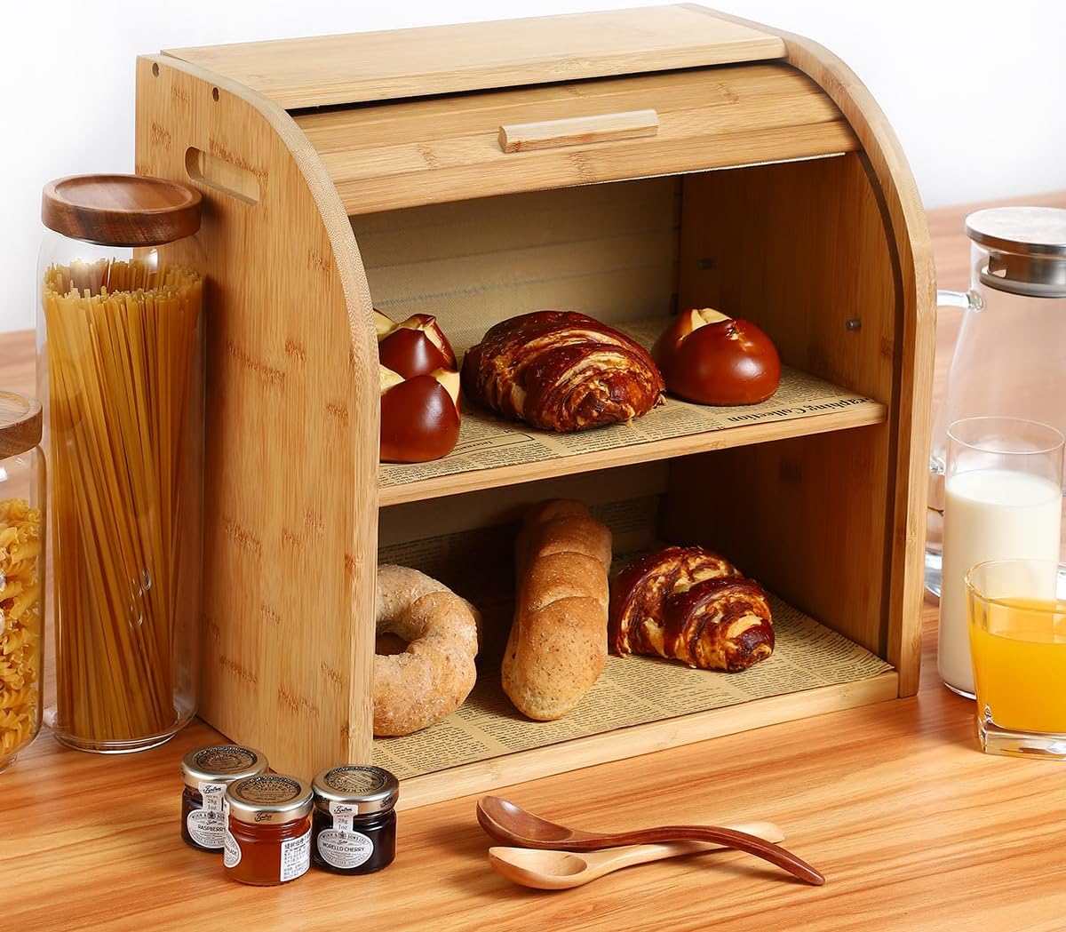 G.a HOMEFAVOR Bread Box, 2 Layer Bamboo Bread Boxes for Kitchen Food Storage, Large Capacity Bread Keeper Roll Top with