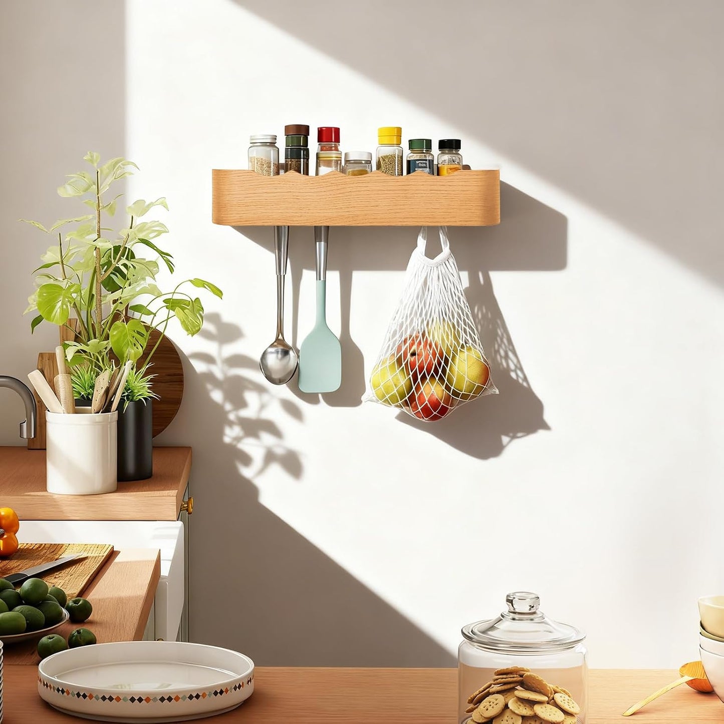 Shelf Entryway Shelf Modern Key Holder Hanger Wall Shelves / Wavy Oak / 5 Hooks