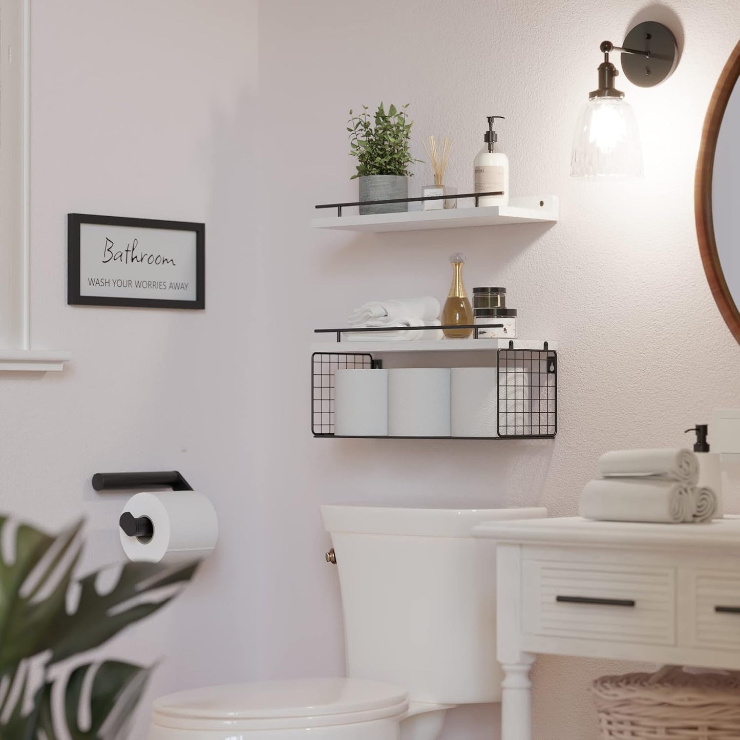 Floating Shelves for Bathroom Decor Art, Modern White | Bathroom Organizers and Storage, Wall Shelves Over Toilet with