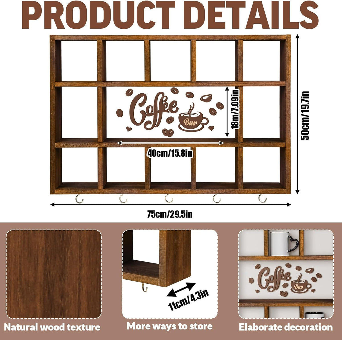 Cinnvoice Oversize Coffee Mug Display Shelf for Wall, Rustic Brown | Wood Coffee Mug Rack, Wall Mounted Shelf, Cubes