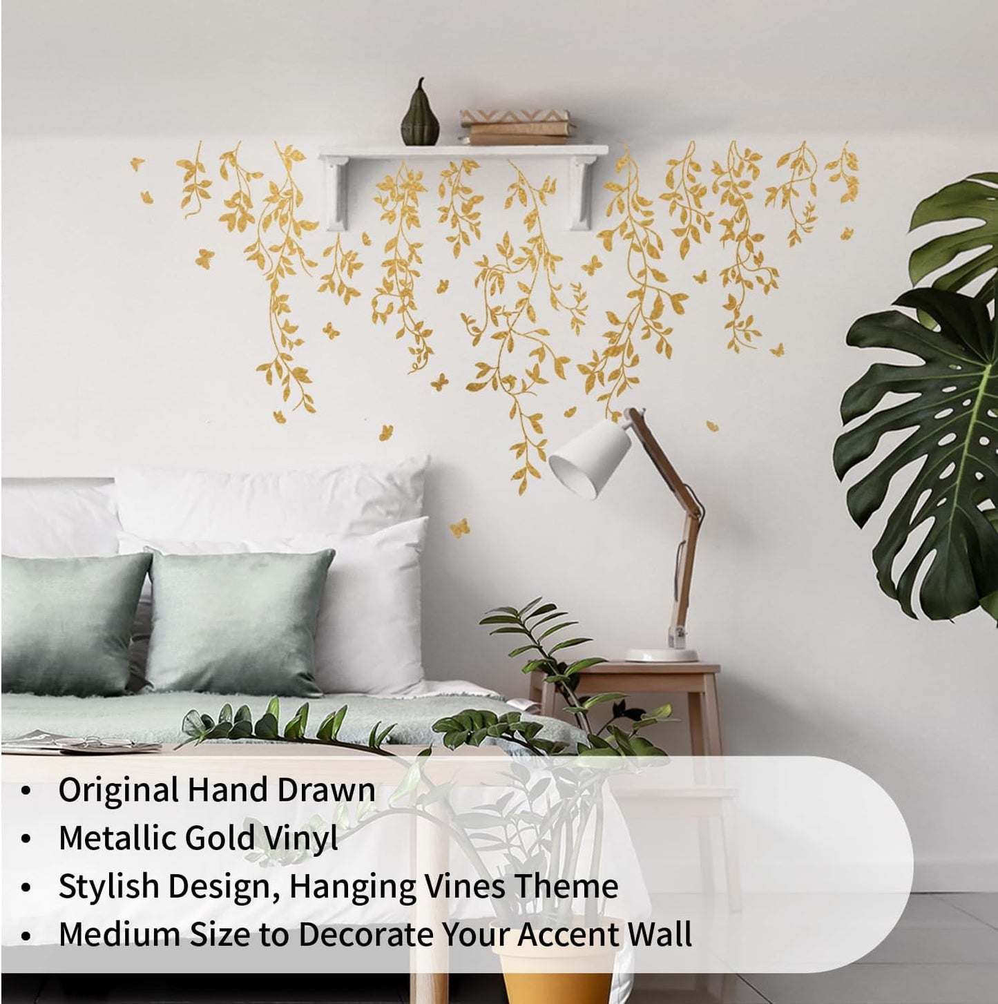 Metallic Wall Decals Peel and Stick Large Wall Stickers Large Sketch Minimal / Hanging Vines / Gold
