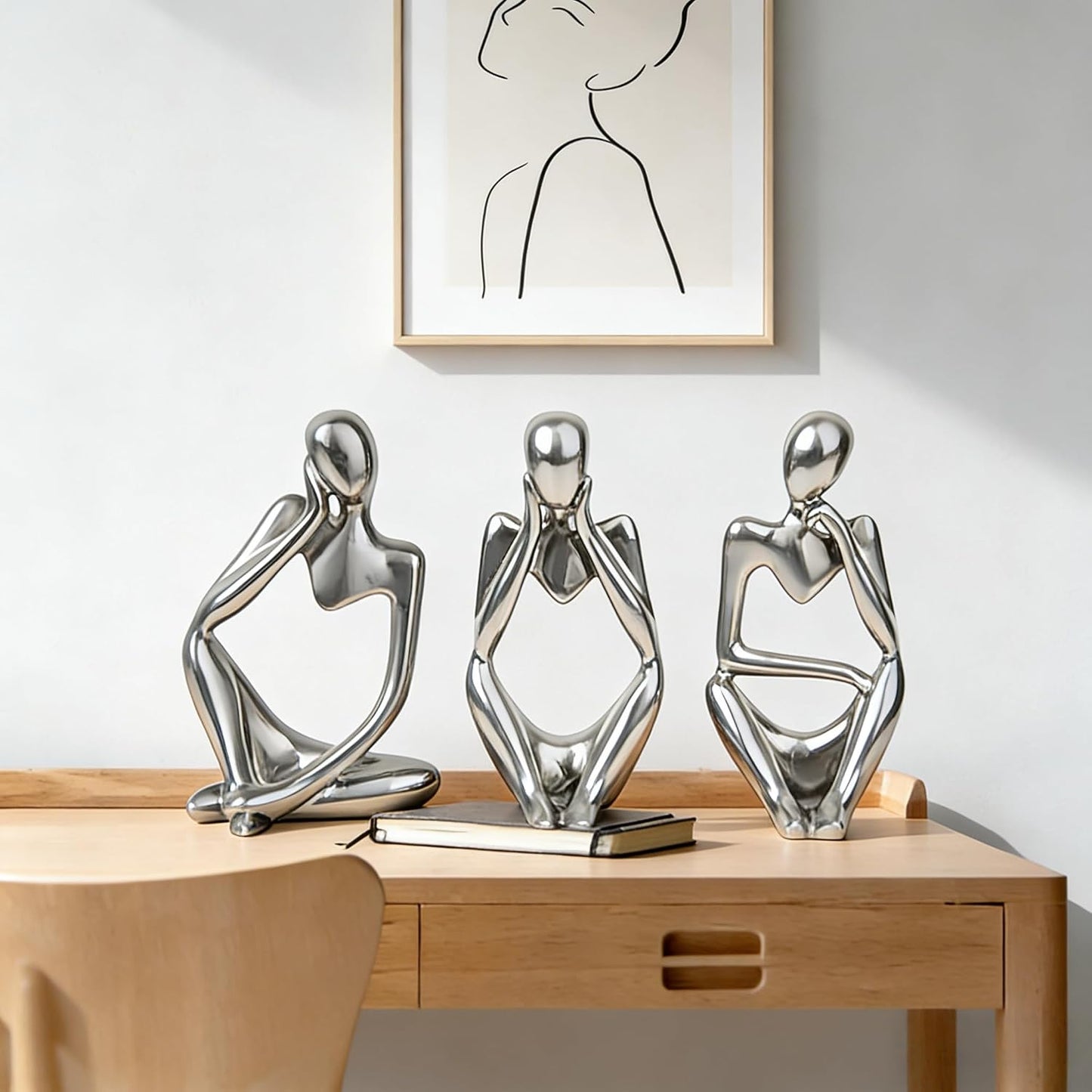 Thinker Statue Home Decor-Bookshelf & Living Room&Mantel-Collectible Figurines / Silver / Set of 3