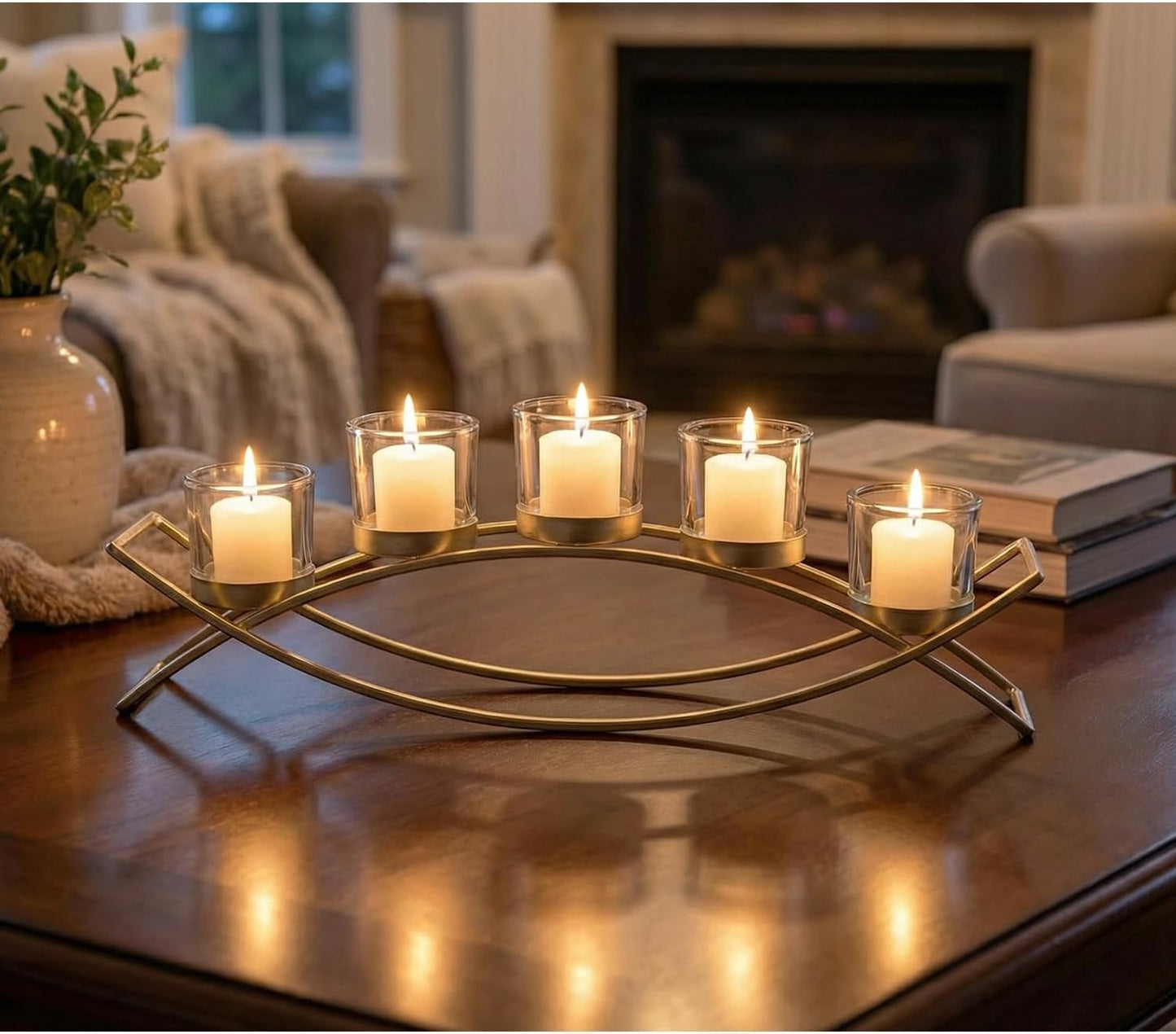 Centerpieces for Tables, Dining Room Candle Holder Decor, Gold | Votive Candle Holders, Wrought Iron 5 Cup Candelabra