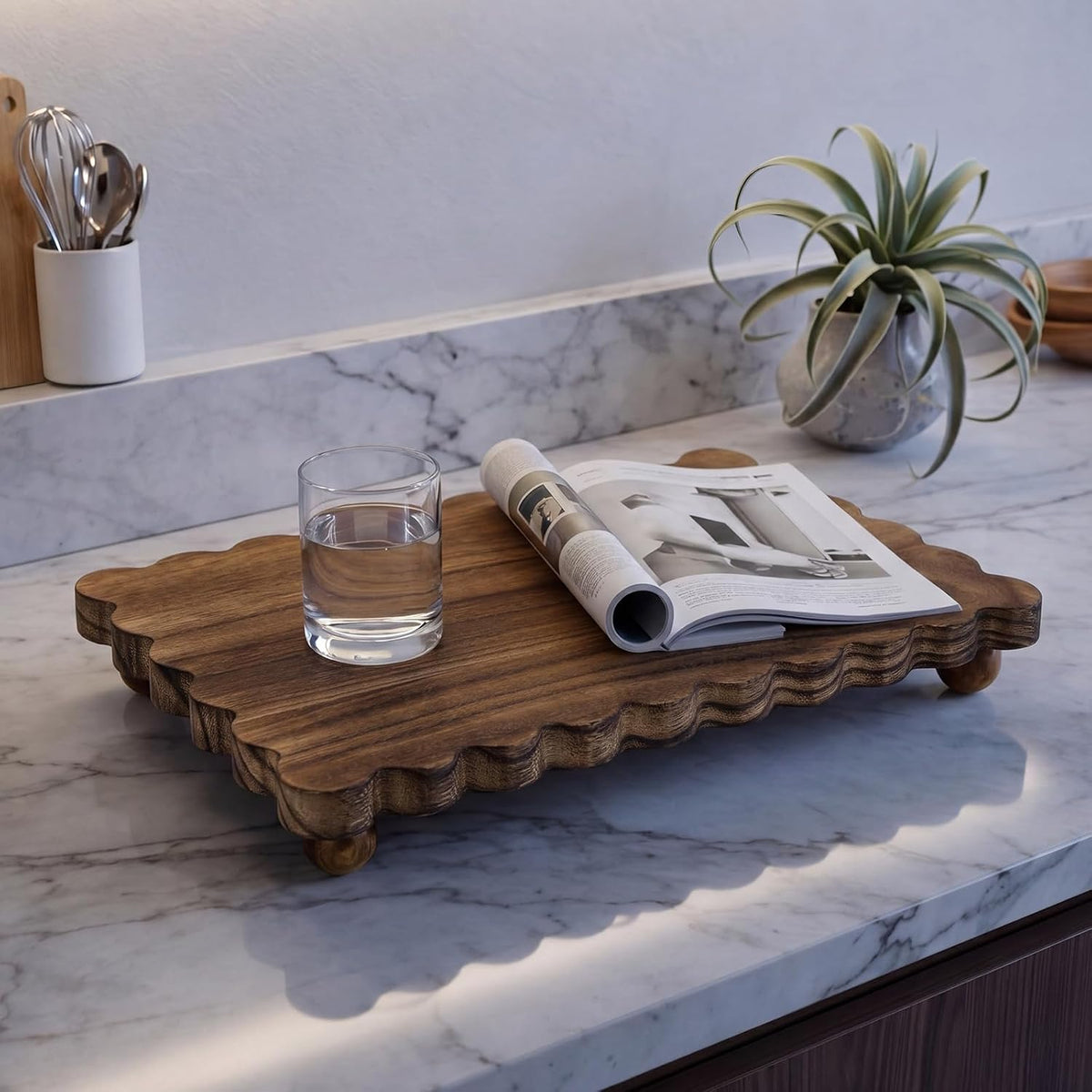 Yookeer Scalloped Wood Riser, Brown, 12'' X 7'' X 1.4'', Square | Wooden Pedestal Tray For Bathroom Kitchen Counter