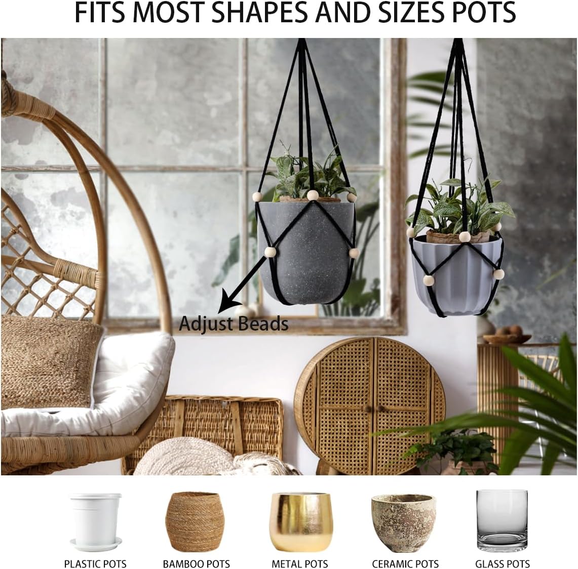 Black Hanging Planter / Black Bead / Set of 2