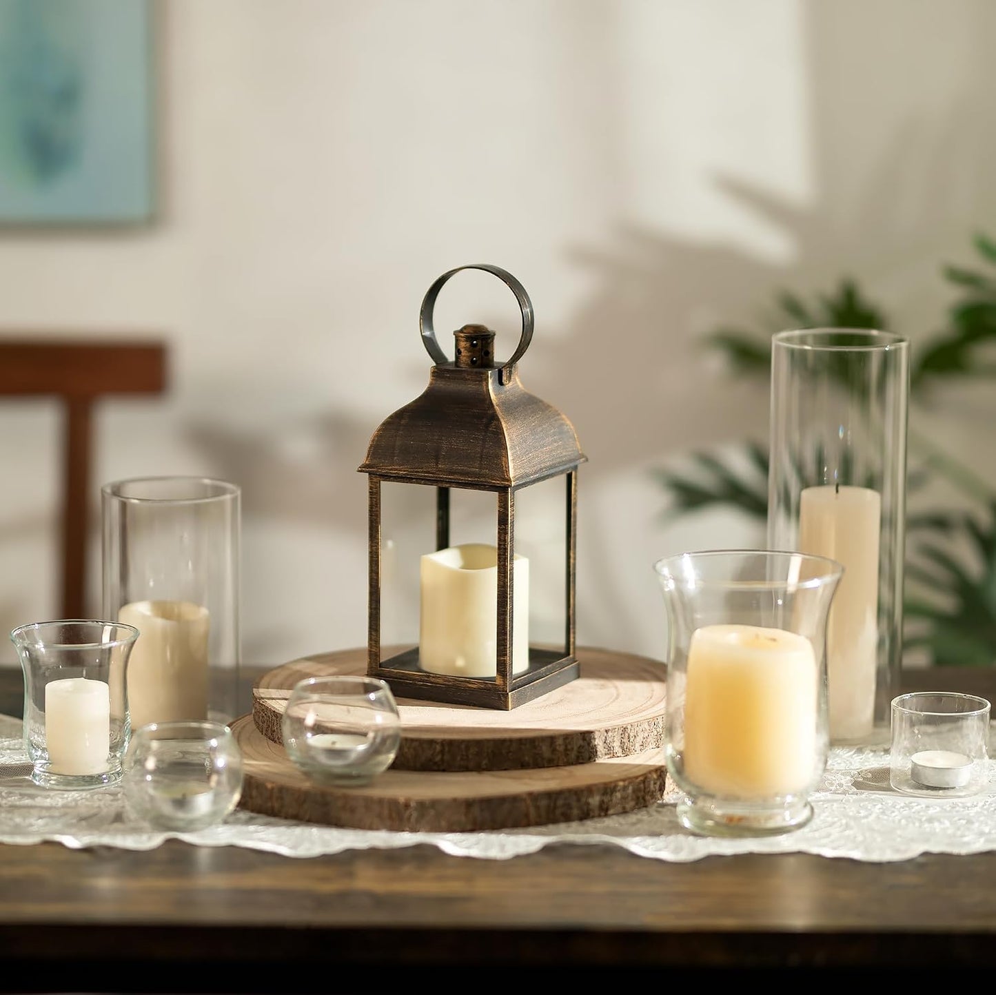 Bronze Small Lanterns with LED Candles, Set of 6 Wedding Decor | Antique Bronze Rustic Lanterns with Glass Panels