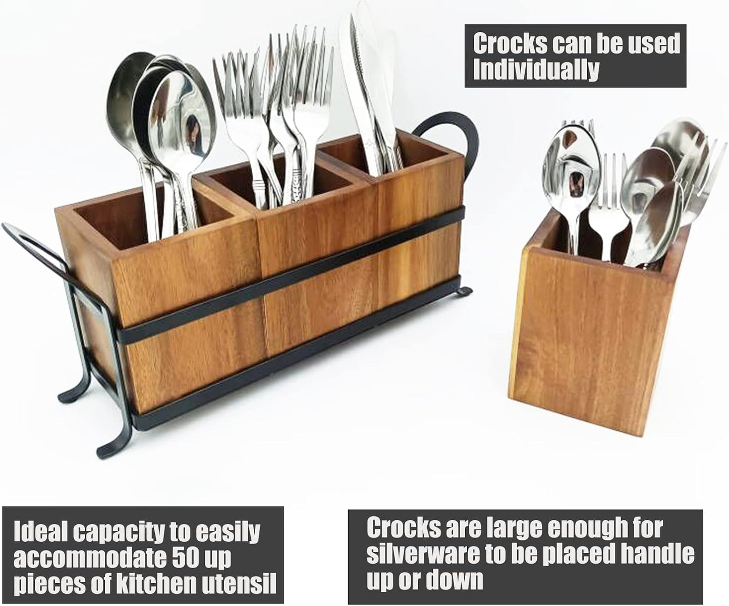 NelyBet Utensil Caddy Silverware Cutlery Holder with 3 Compartment, Wooden Utensil Crock Flatware Organizers with Metal