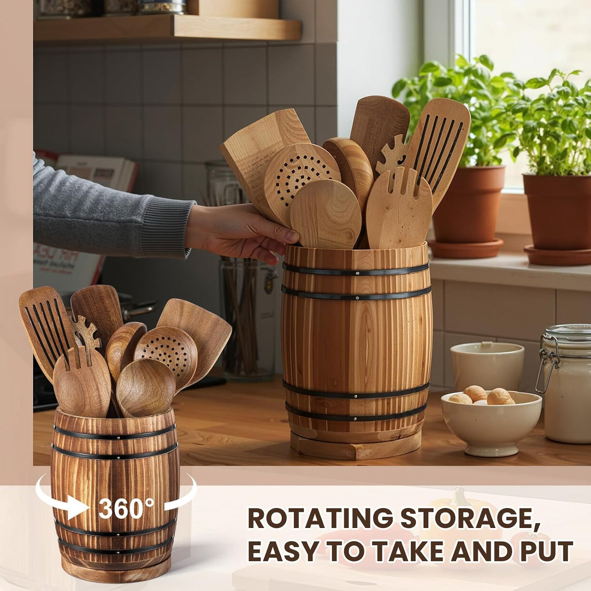 Honeydak Wooden Utensil Holder for Kitchen Counter, 360° Rotating Wine Barrel Design Large Cooking Spoon Crock