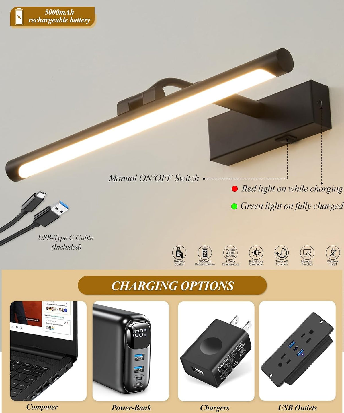 Picture Lights for Wall Battery Operated,16 Inch Black Wireless Rechargeable Art Lights for Pictures,3CCT Dimmable