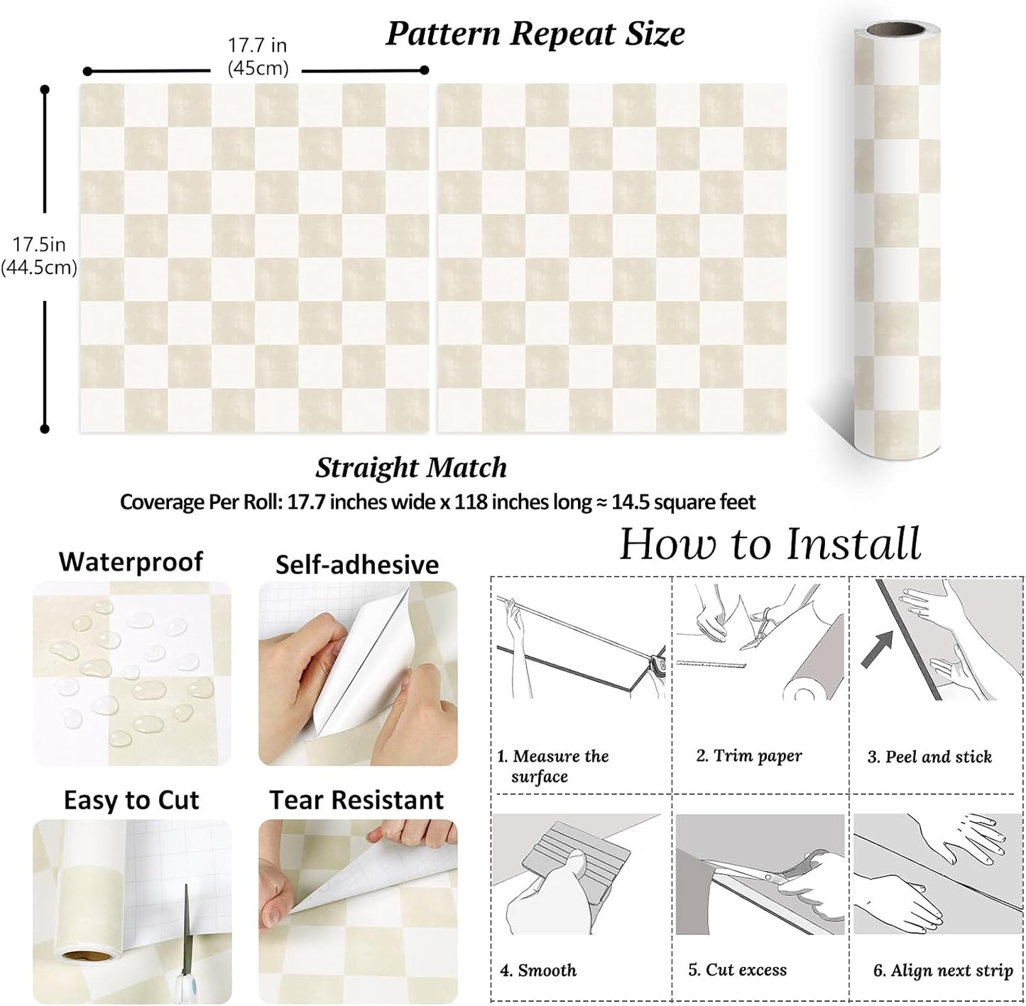 Neutral Beige Checkered Peel and Stick Wallpaper Cream Checkerboard / 17.7 x 118 / Cream Beige