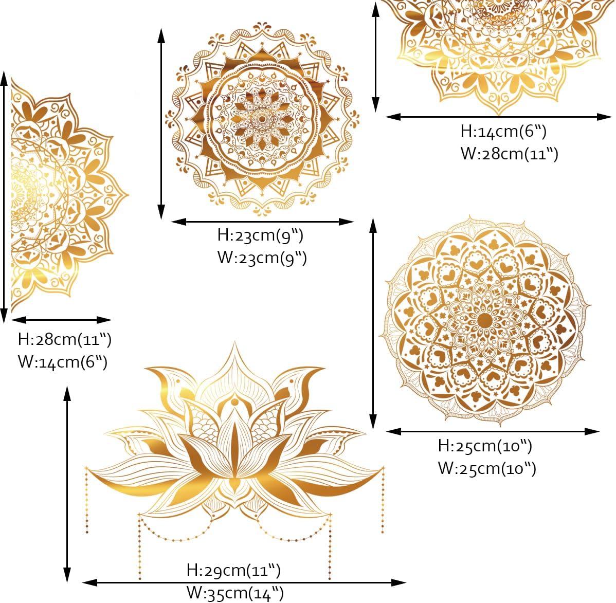 Mandala Wall Stickers Boho Large Lotus Floral Wall Decal Peel and Stick Bedroom Living Room / Gold