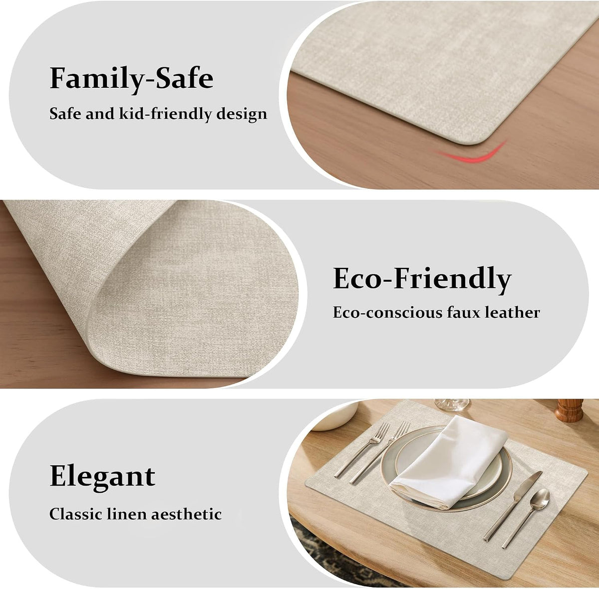FROMHEART Faux Leather PU Placemats Set of 8 (Beige,11.8" x 17") | Waterproof,Heat/Oil Stain-Resistant Table