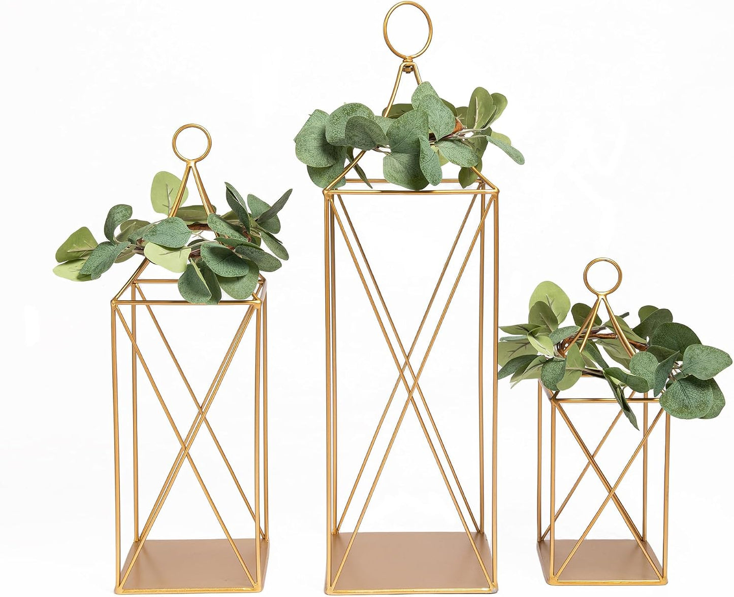 HPC Decor Tall Metal Lantern Decor Set of 3-24" 19" 13" Elegant Decorative Lanterns with Garlands-Modern Gold Candle