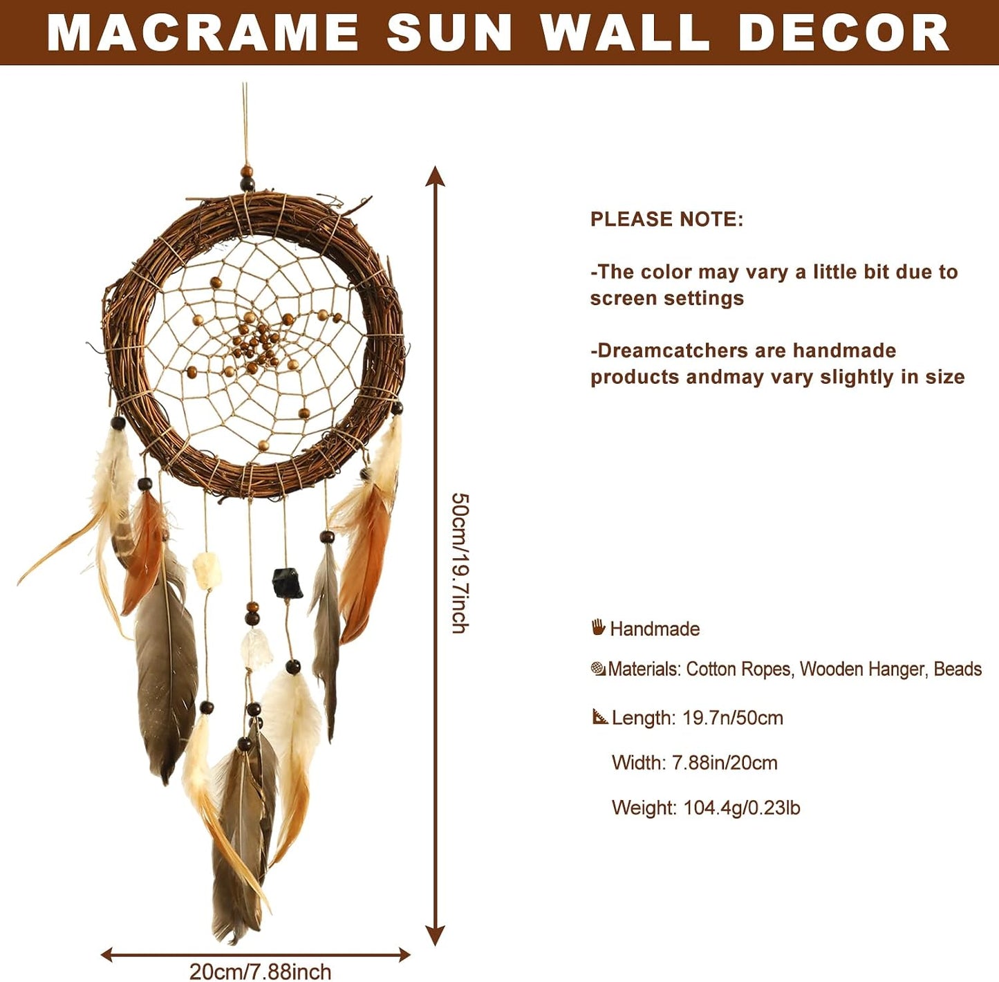 Dream Catcher Native American Boho Dreamcatcher Rattan Wall Decor / Brown with Crystal