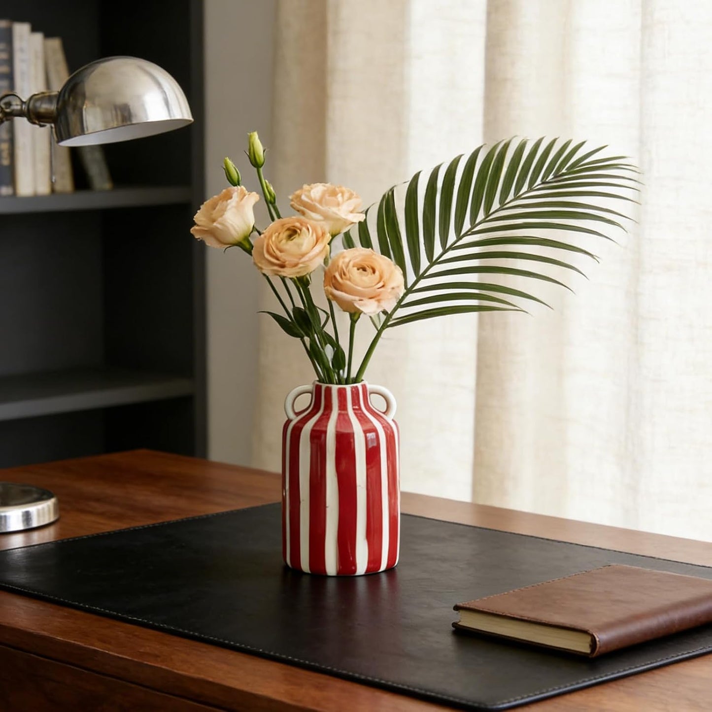 Ceramic Vase / Mid Century Modern Striped Vase for Flower & Pampas Grass Centerpiece / Red and White