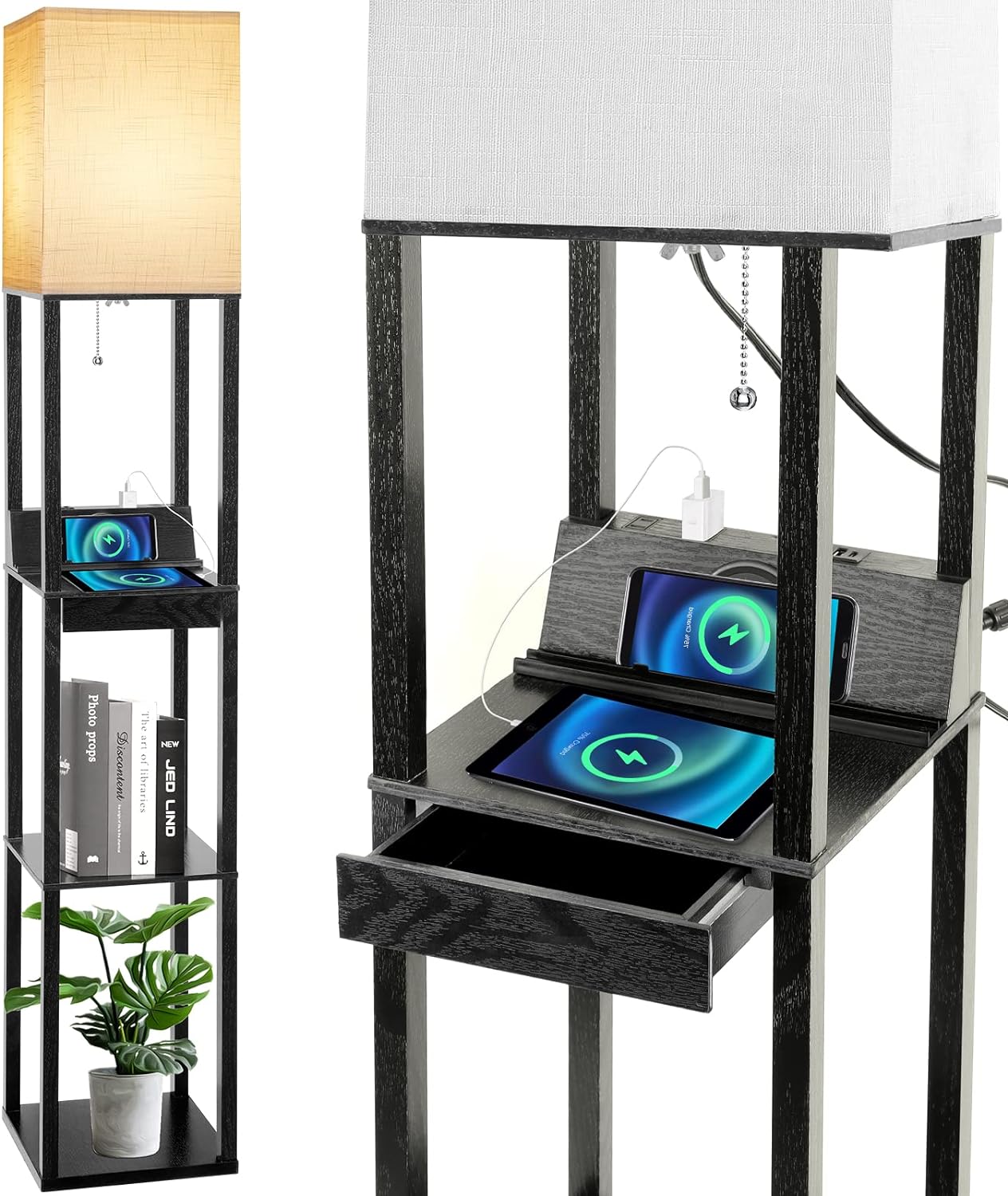 Floor Lamp with Shelves, RUNTOP LED Shelf Floor Lamp with Wireless Charger & 2 Charging USB Ports & Drawer, AC Outlet