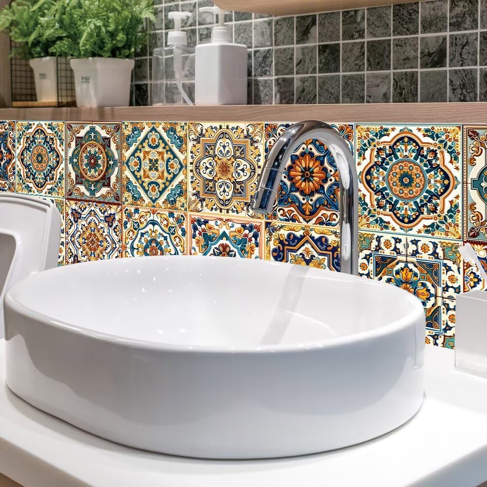 Moroccan Boho Tile Stickers Peel and Stick / 4 x 4 / Retro Green / Set of 24