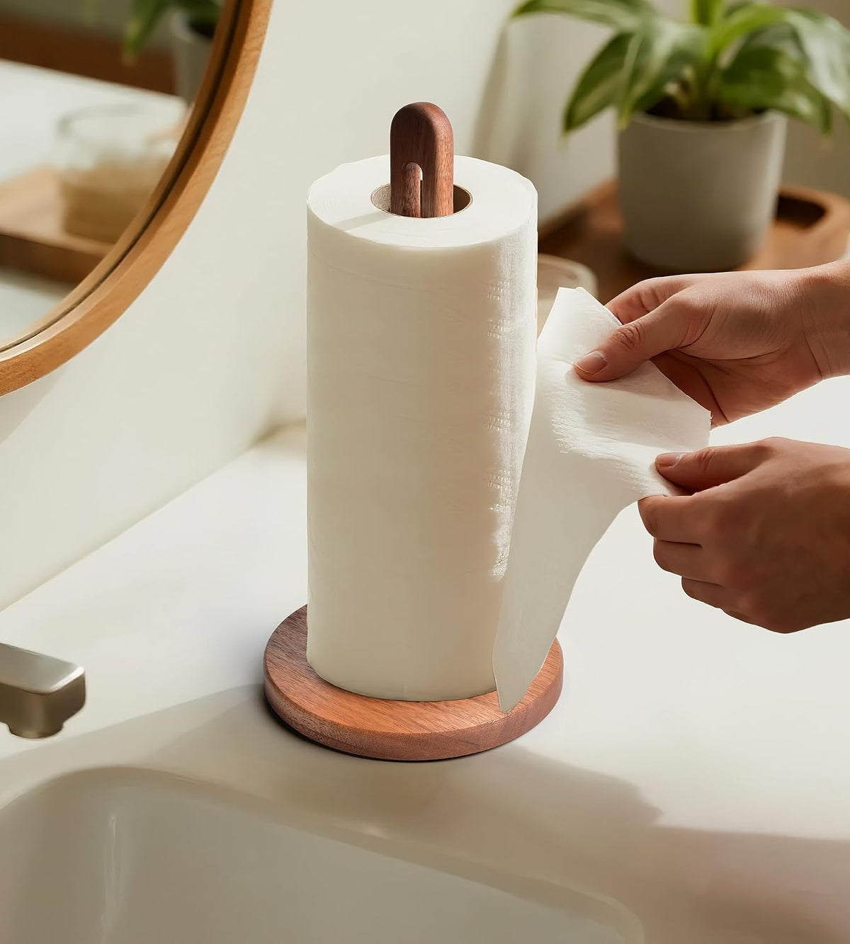 KitchLife Acacia Wooden Paper Towel Holder Countertop, 6.5" Jumbo Base, Fits Jumbo Rolls, Large Freestanding Dark Wood