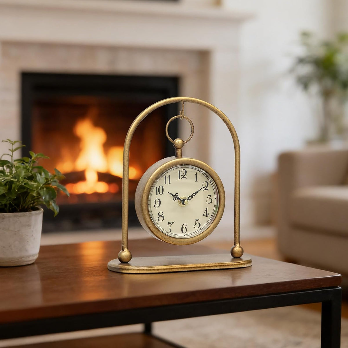 Vintage Small Gold Table Clock, Farmhouse Table Clock, Silent Non-Ticking Battery Operated Desk and Shelf Clocks for