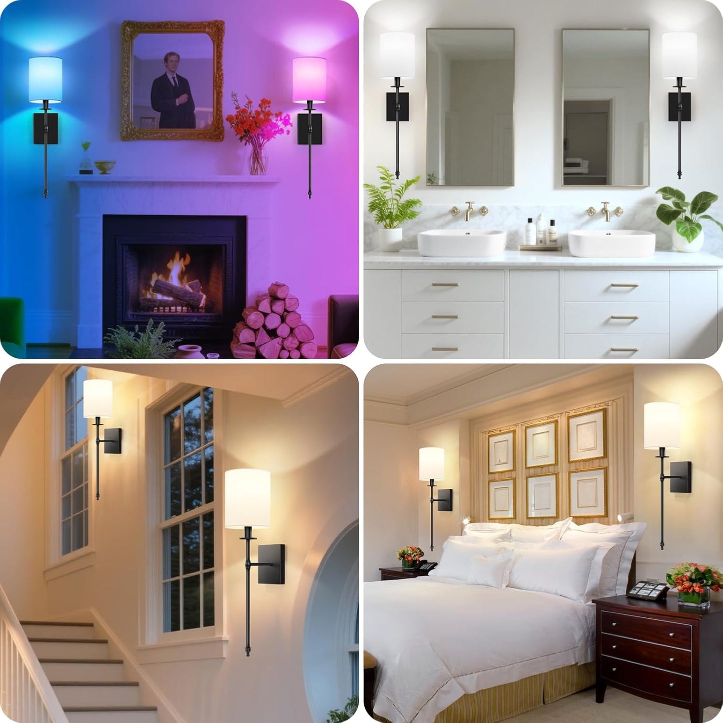 27 Inch Black Battery Operated Wall Sconces Set of 2, Rechargeable Wireless Wall Lights with Remote & White Fabric