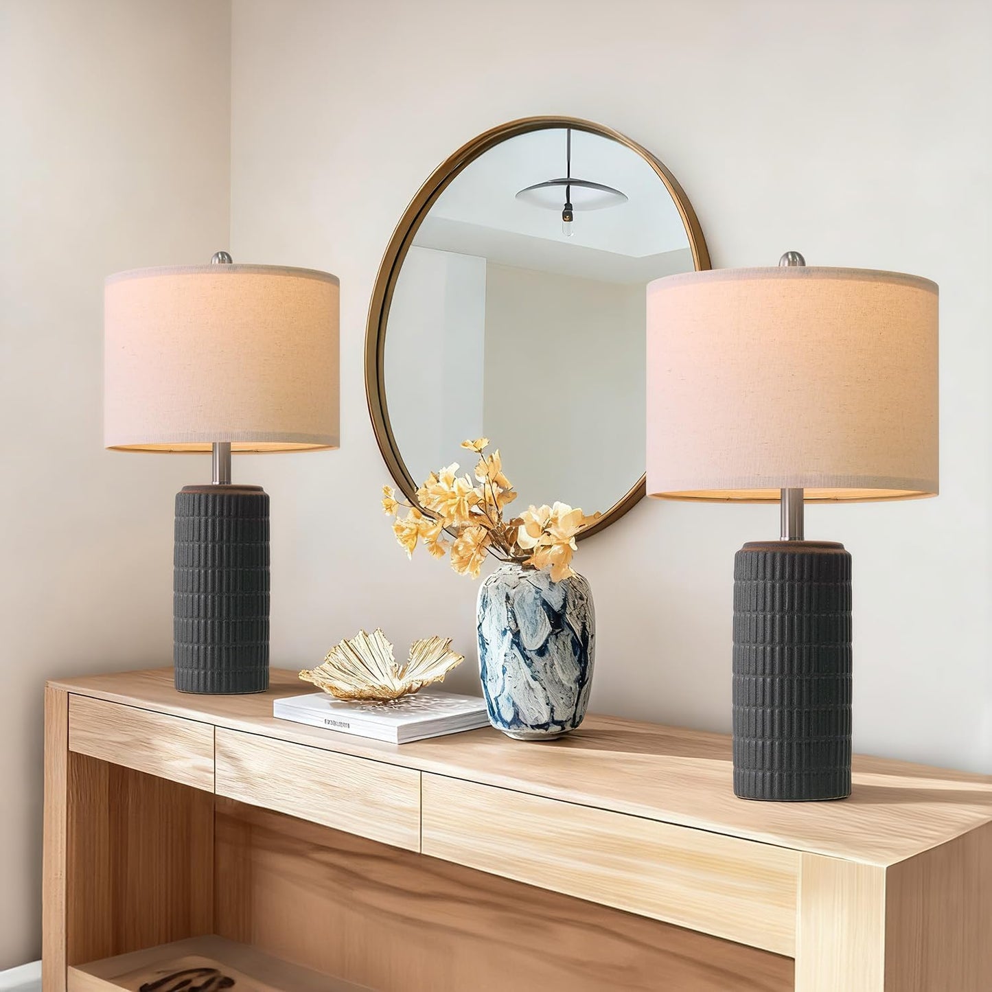 PoKat 23" Matte-Textured Ceramic Table Lamps Set of 2 for Bedroom, Stone-Like Modern Bedside Lamps for Night Stands