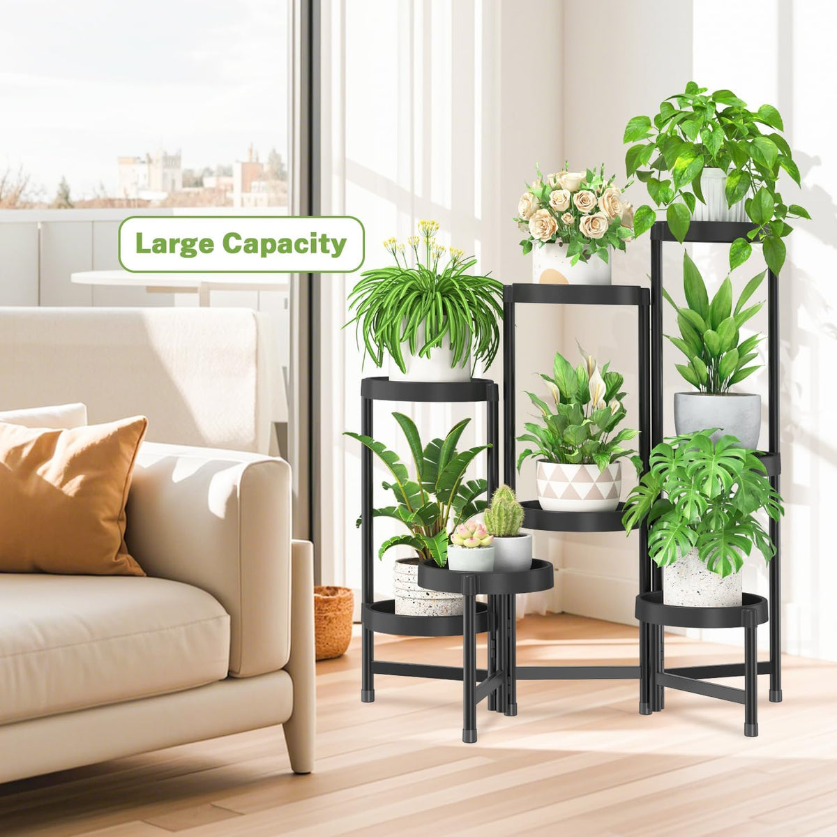iDavosic.ly 8 Tier Folding Plant Stand Indoor Outdoor, Plastic Tray, Black | Space Saving Tiered Corner Storage Display