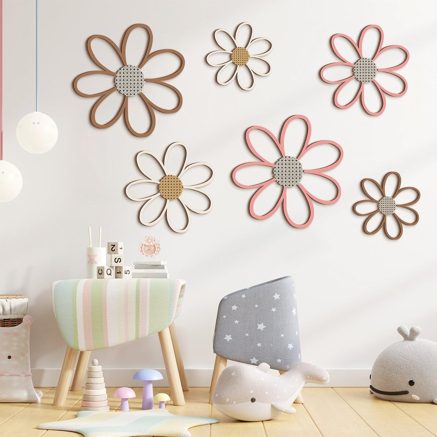 Daisy Wall Decor Wooden Daisy Wall Sculptures Art Flowers Signs Hanging / Warm Color / Set of 6