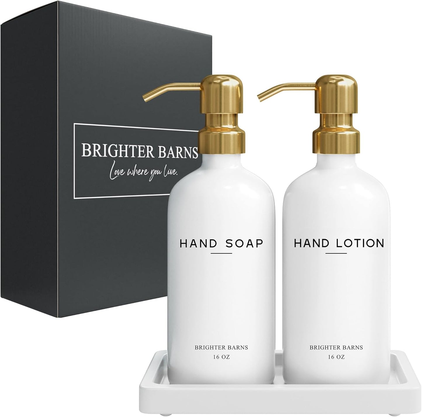 Luxury Glass Soap and Lotion Dispenser Set with Tray by Brighter Barns - Hand Soap Dispenser Bathroom Set & Stainless