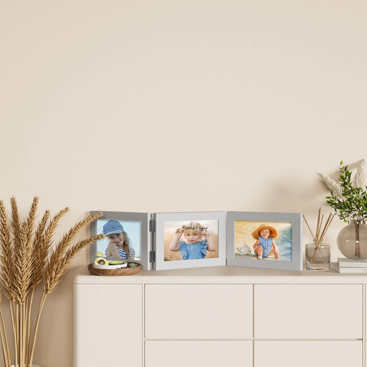decorUhome Sliver Triple 7x5 Picture Frame Horizontal, MDSL08 | "Z" Shape Folding Design Engineered Wood Trifold Photo