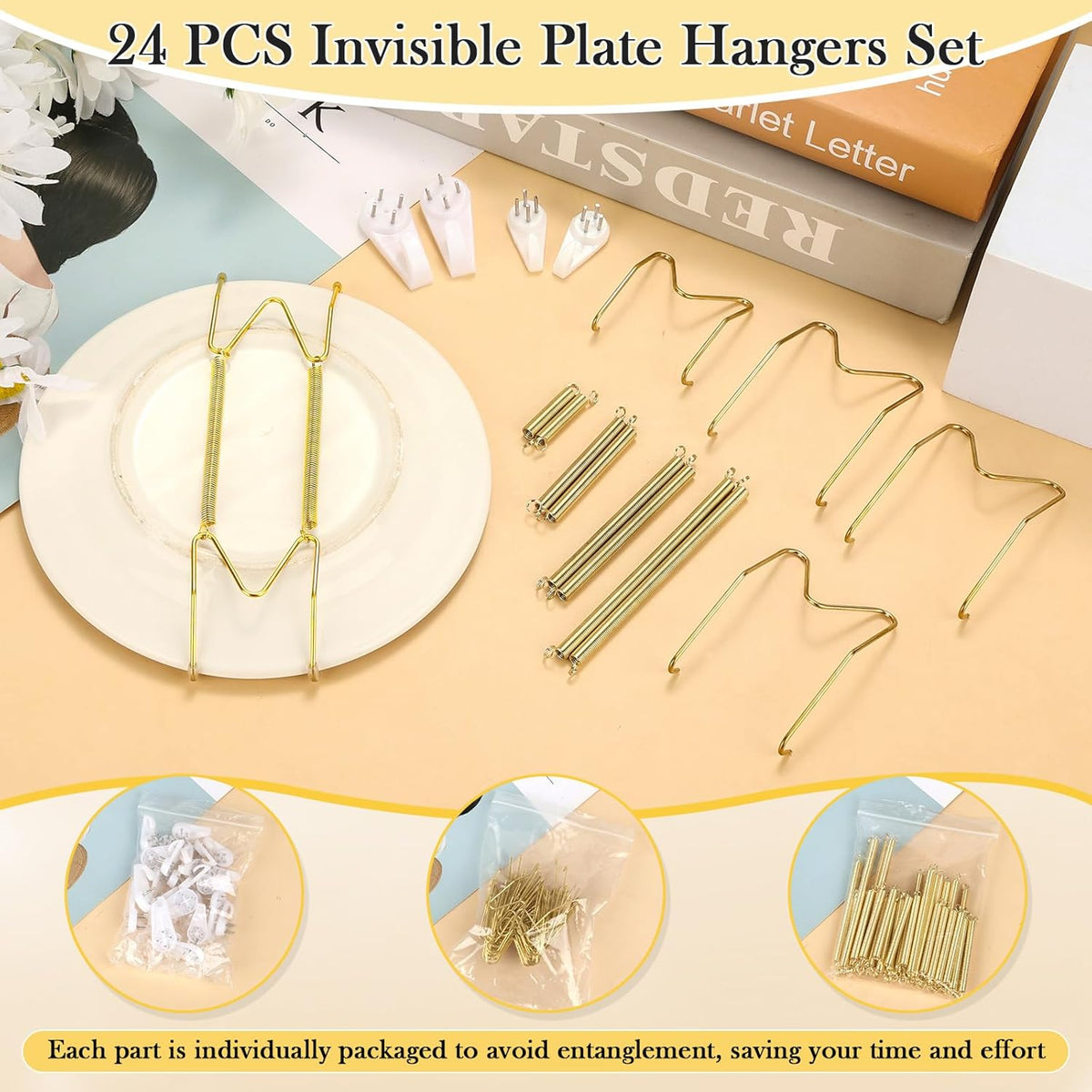 24 Pack Plate Hangers for Wall Display, 6/8/10/12 Inch Invisible Stainless Steel Plate Holders with Wall Hooks, Fit