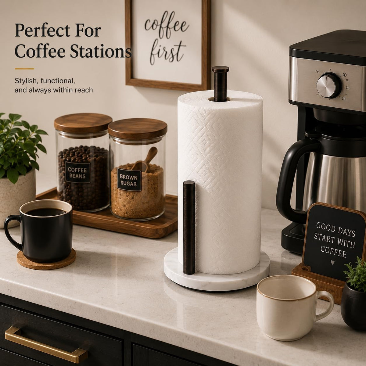Oil Rubbed Bronze Paper Towel Holder for Kitchen Countertop, 304 Stainless Steel Roll Dispenser with White Engineered