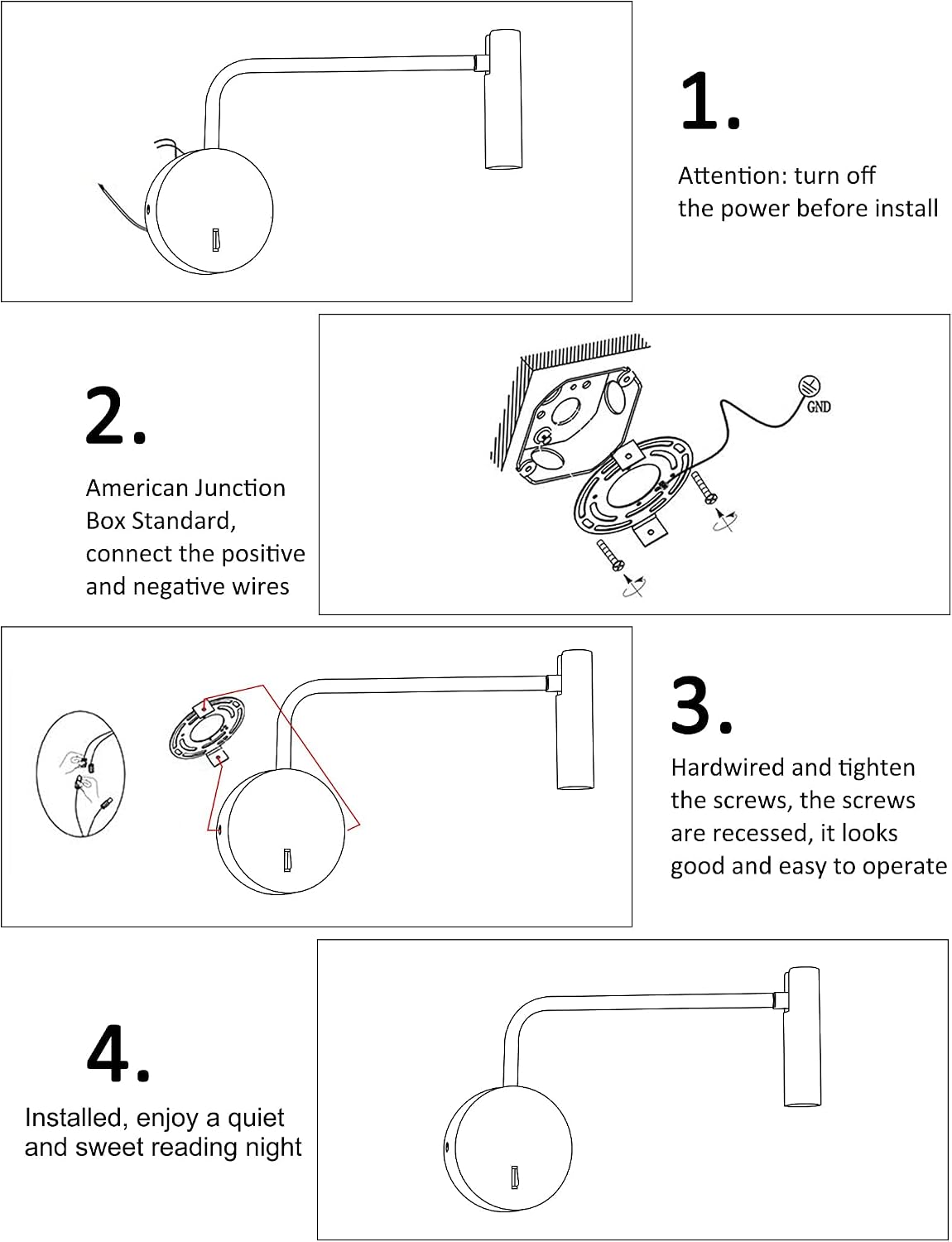 ZEROUNO Wall Mounted Reading Light for Bedroom LED Hardwired Sconce with Switch on/Off Modern 3000K Swing Arm Bedside