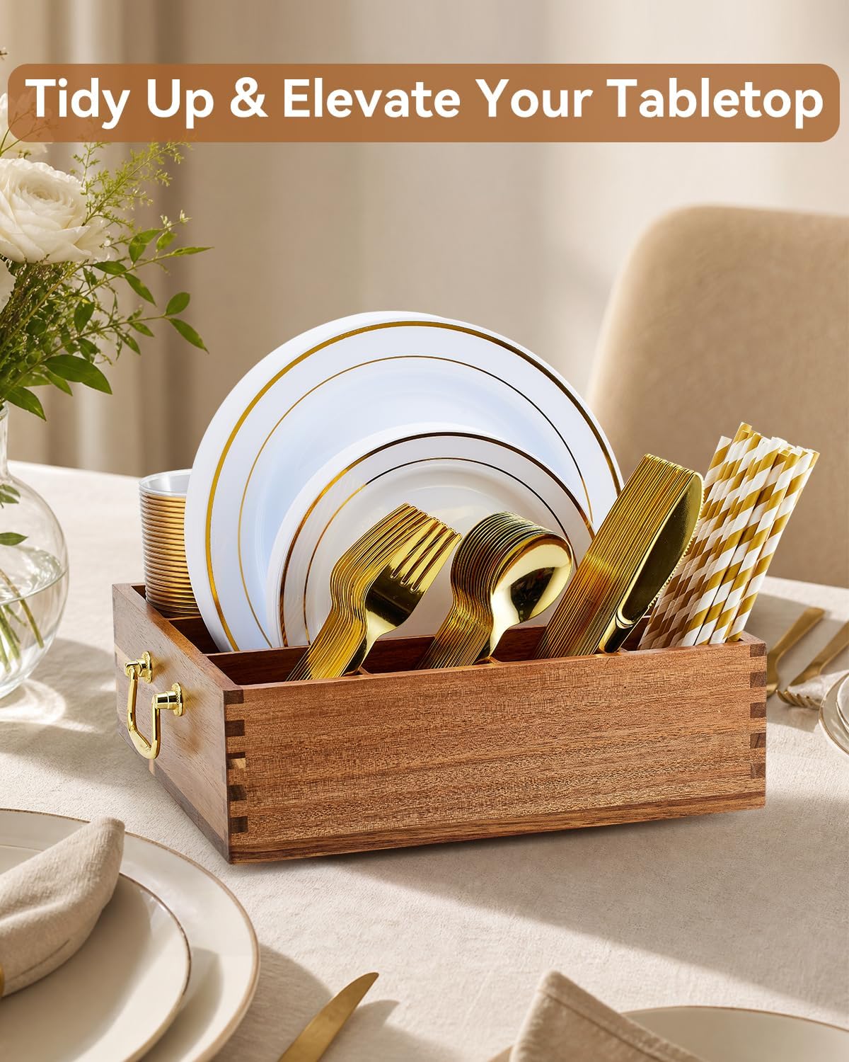 Rotating Acacia Wood Utensil Caddy with Handles, 7 Compartments for Paper Plates, Silverware and Straws, Perfect for
