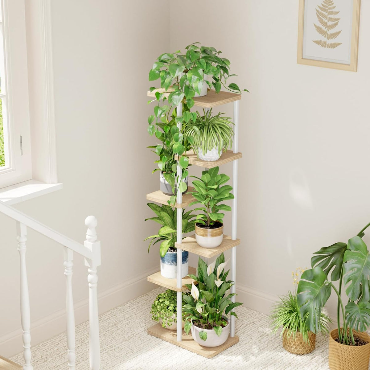 Bamworld Plant Stand 6 Tier Tall Shelf for Multiple Plants White | Tiered indoor shelf adds vertical display space to