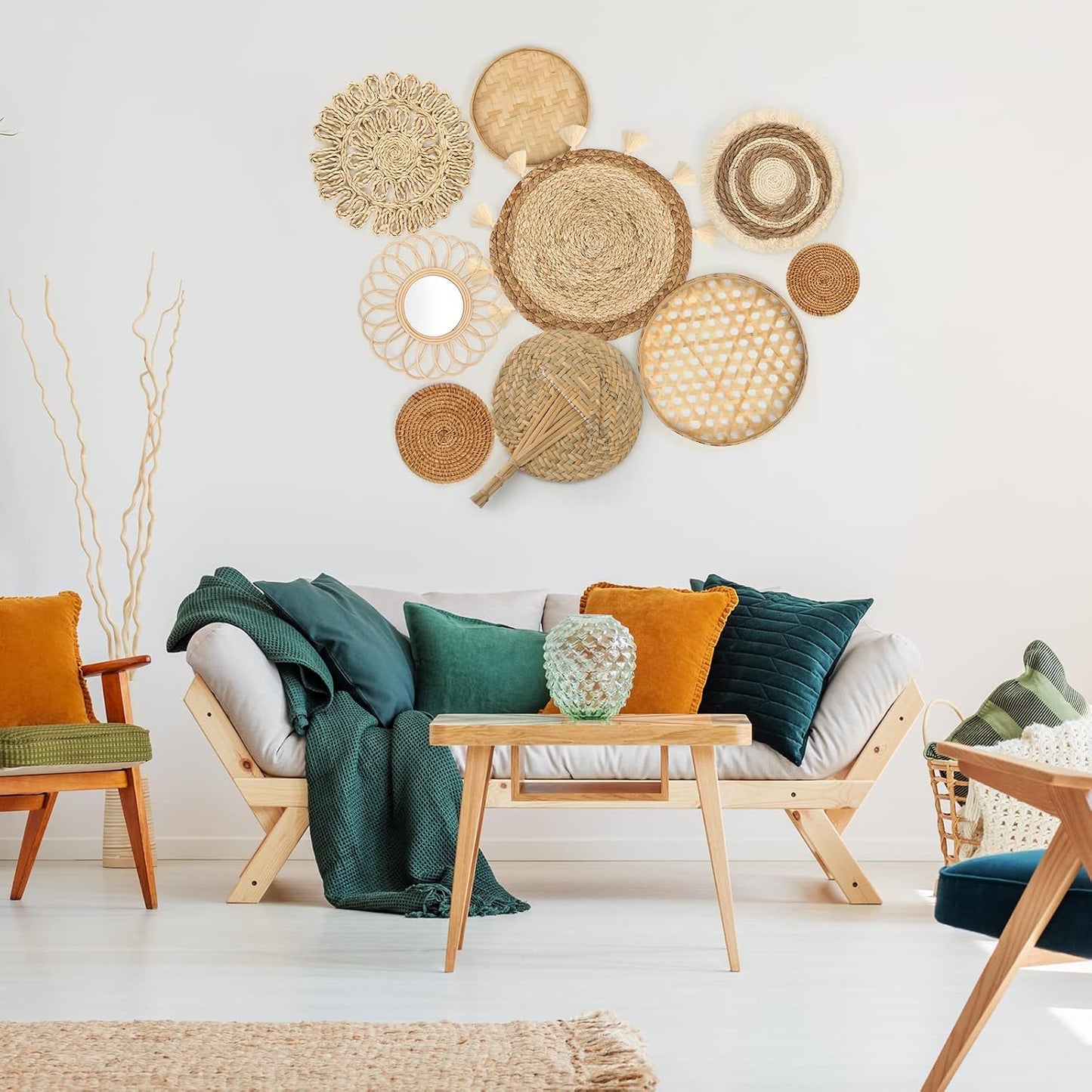 Boho Wall Basket Decor Woven Wicker Wall Baskets Hanging Round Rattan Basket Art Flat / Set of 9