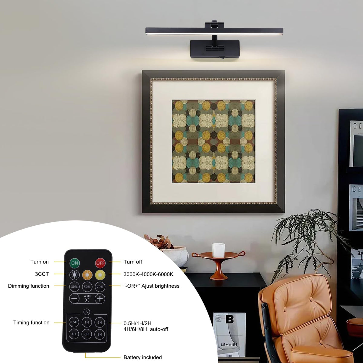 LED Wireless Picture Light with Remote Control,USB Rechargeable Battery Powered Art Lamps,Dimmable,270°