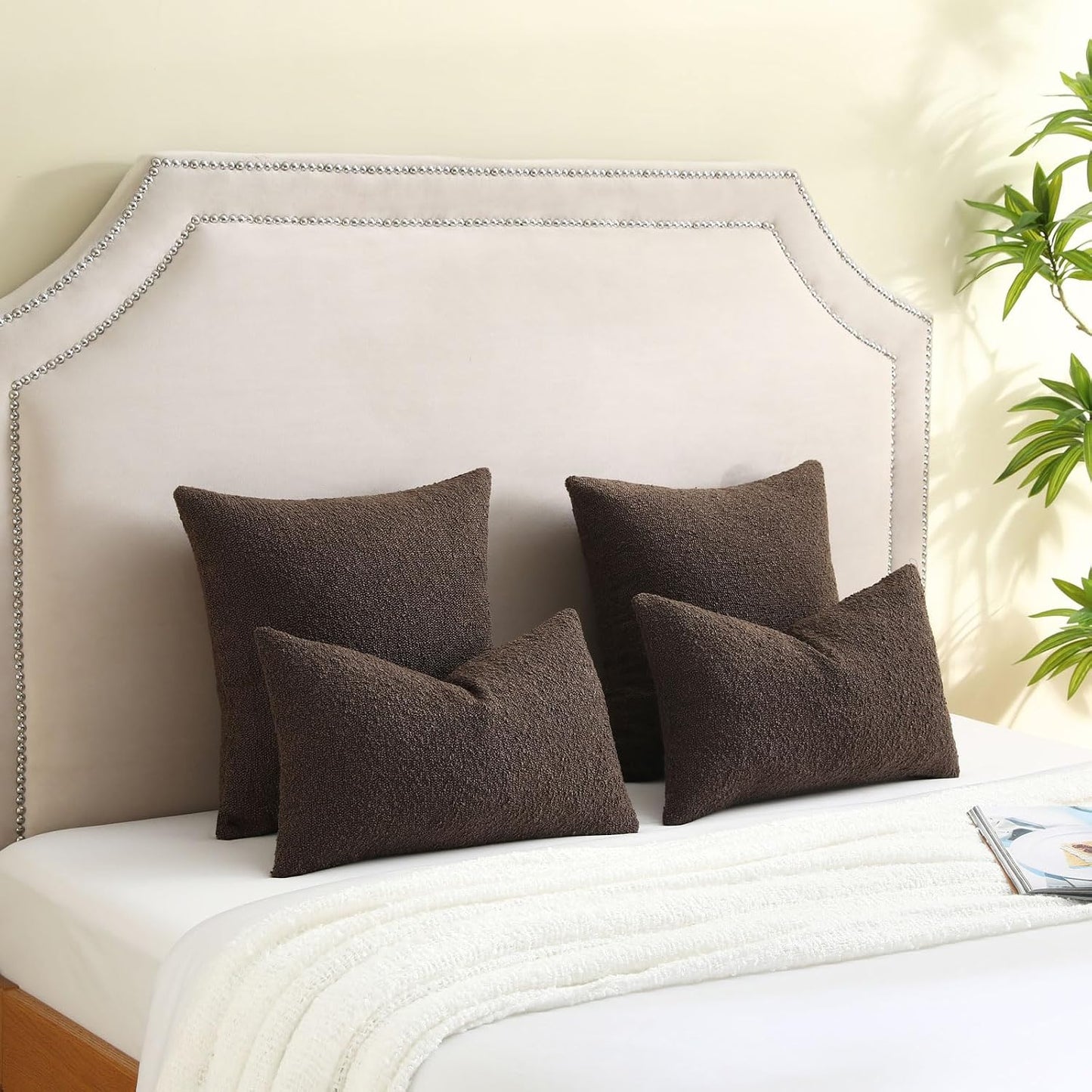 Decorative Throw Pillow Covers Soft Solid Boucle Textured Cushion / Dark Coffee / 18 x 18 / Set of 2