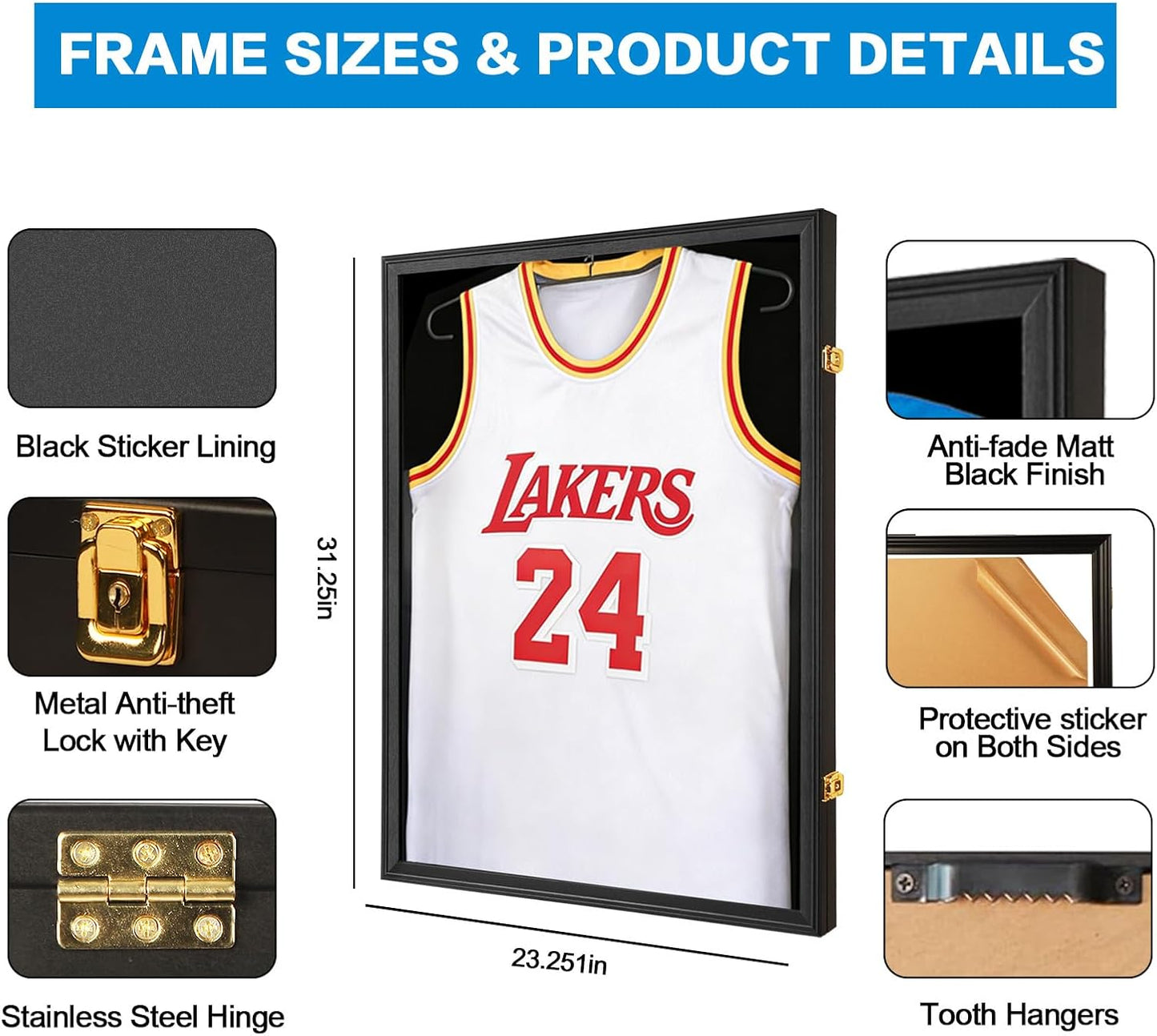 Jersey Frame Display Case, Black Shadow Box for Sports Jerseys, 1P | Wall Mount, Jersey Shadow Box, Golden Anti-Theft