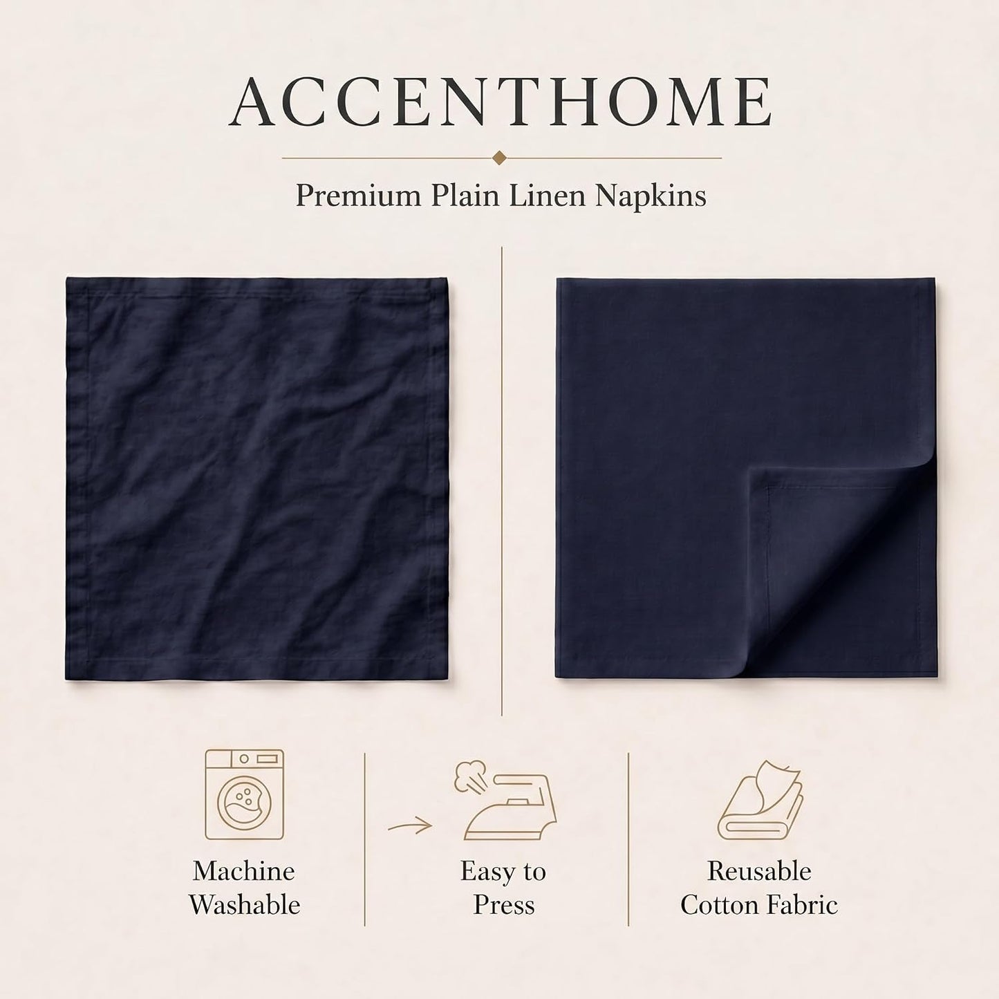 ACCENTHOME Navy Cotton Linen Napkin Set of 12 18x18 inch Dinner Napkins | Cotton Linen Blend Napkins, Machine Wash On
