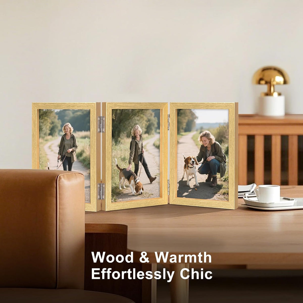 TOFOREVO 4x6 3 Picture Frame Triple Wooden Hinged Photo Frame Definition Glass Stand Vertically on Desktop or Tabletop