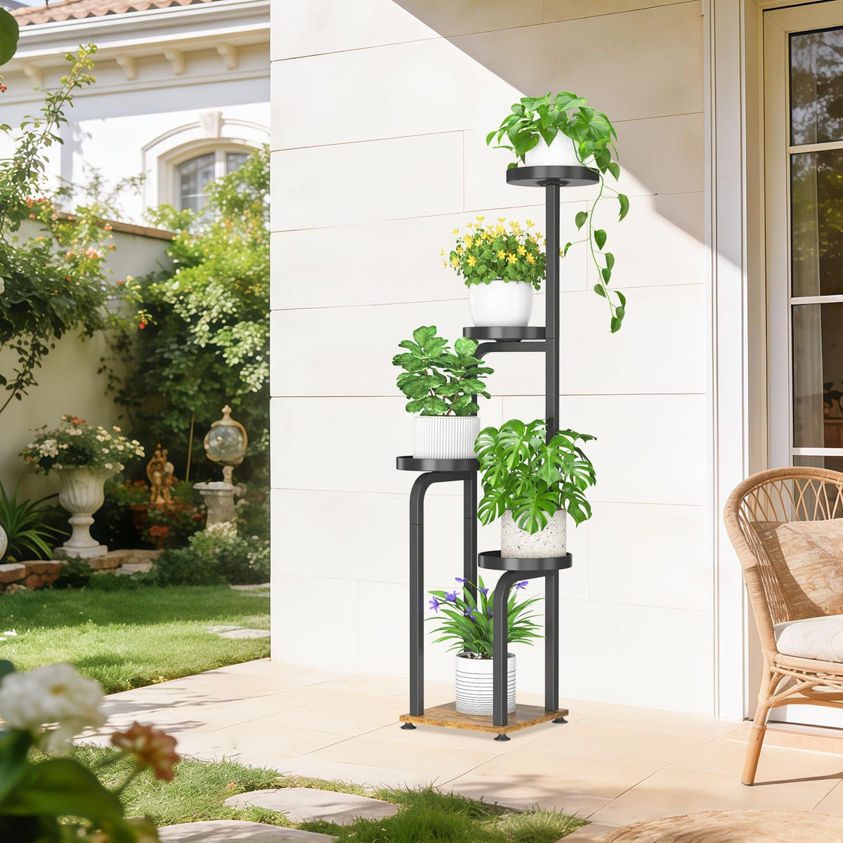 iDavosic.ly Tall Plant Stand Indoor, Corner Tiered Metal Trays, Black Brown | 4 Tier Multiple Flower Holder Shelf