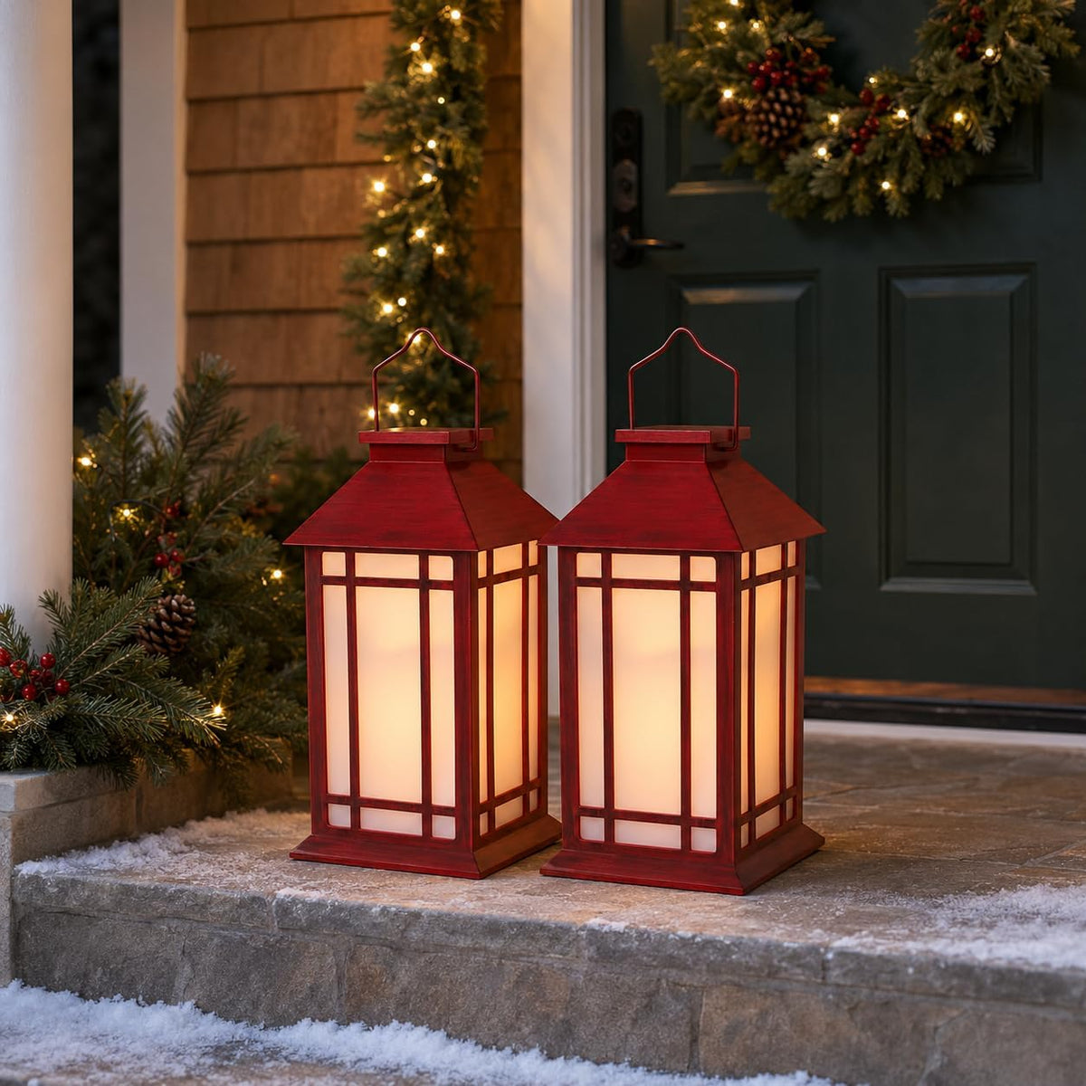 Bdor 13 Inch Christmas Outdoor Decorative Lanterns with Candle Timer 2 Pack | Battery powered convenience, cozy