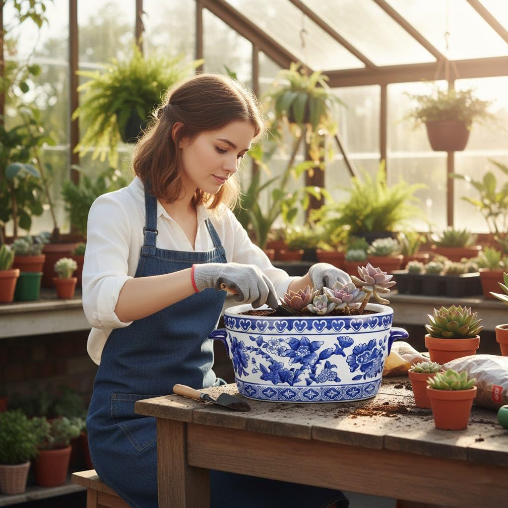 White Ceramic Planter Pot / 10.6 / Blue